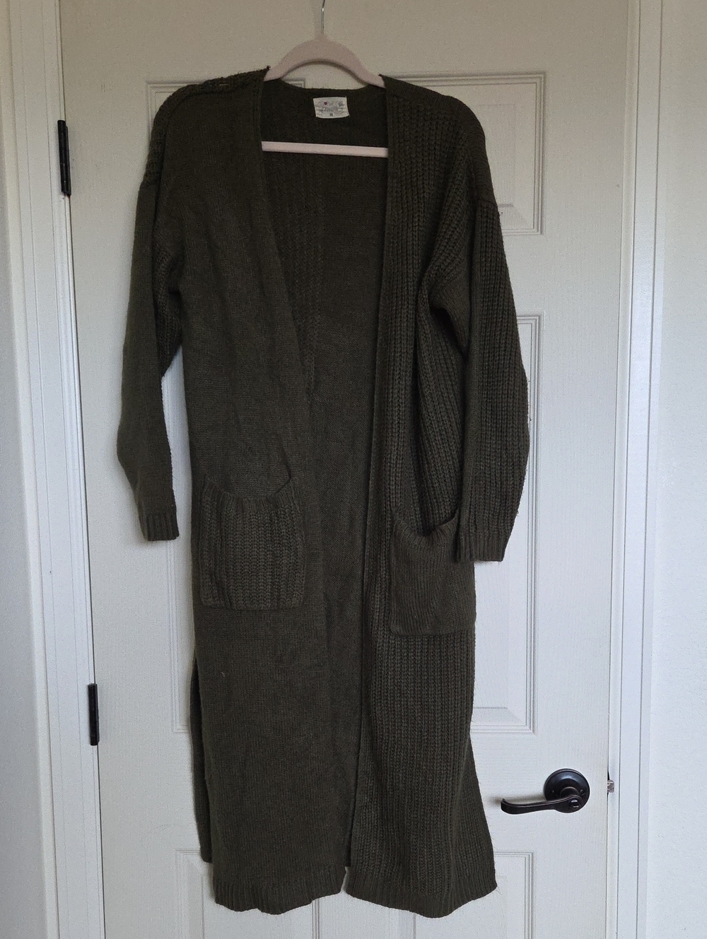 Olive Longline Open-Front Knit Cardigan with Patch Pockets